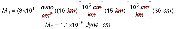 M0=3e11(dyne/cm^2)10(km)(1e5 cm/km)15(km)(1e5 cm/km)30(cm) = 1.1e25 dyne-cm